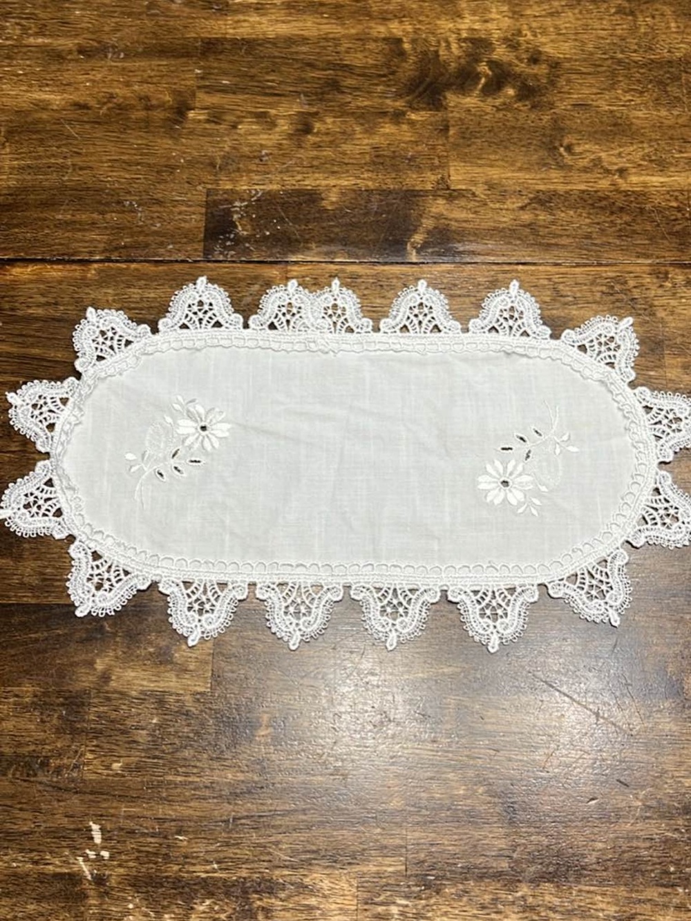 Vintage crochet doily for serving tray.  15 in by 9 in
